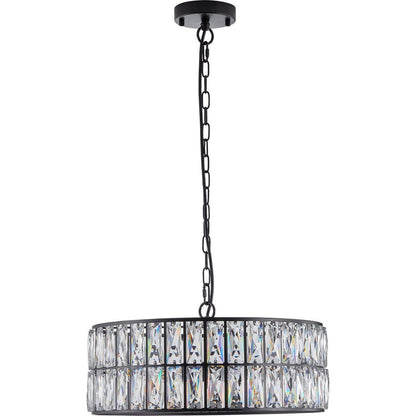 Modern Crystal Drum Chandelier, 6-Light Pendant Lighting Fixture with Black Metal Frame for Living Room, Dining Room, and Bedroom (Bulbs Not Included)