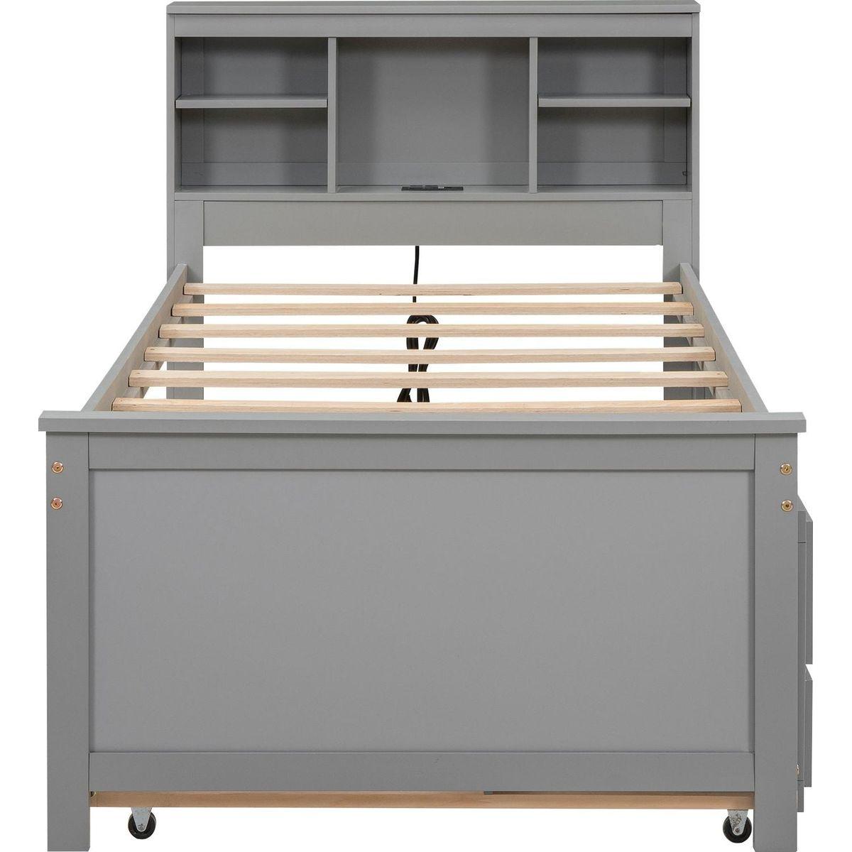 Twin Size Platform Bed with Storage Headboard, USB, Twin Size Trundle and 3 Drawers, Gray
