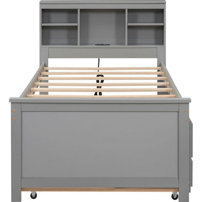 Twin Size Platform Bed with Storage Headboard, USB, Twin Size Trundle and 3 Drawers, Gray