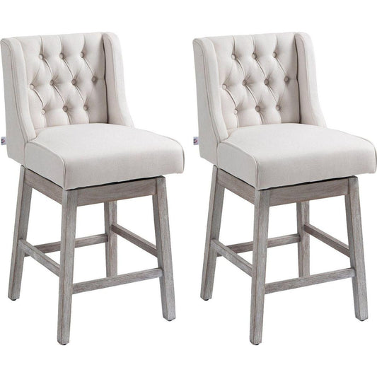 Counter Height Bar Stools Set of 2, 180 Degree Swivel Barstools, 27" Seat Height Bar Chairs with Solid Wood Footrests and Button Tufted Design, Beige