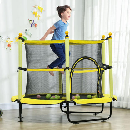 Qaba 4.6' Trampoline for Kids, 55 Inch Toddler Trampoline with Safety Enclosure & Ball Pit for Indoor or Outdoor Use, Built for Kids 3-10 Years, Yellow