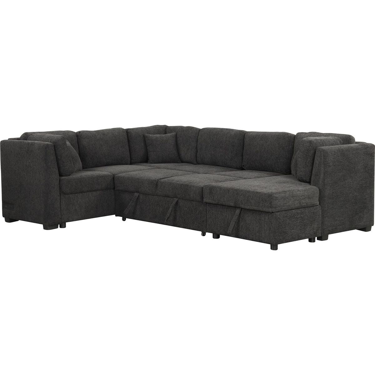 108.6" U-shaped Sectional Sofa Pull out Sofa Bed with Two USB Ports, Two Power Sockets, Three Back Pillows and a Storage Chaise for Living Room, Black