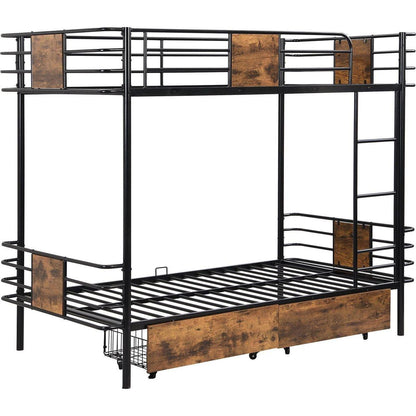 Twin XL over Twin XL Metal Bunk Bed with MDF Board Guardrail and Two Storage Drawers,Black