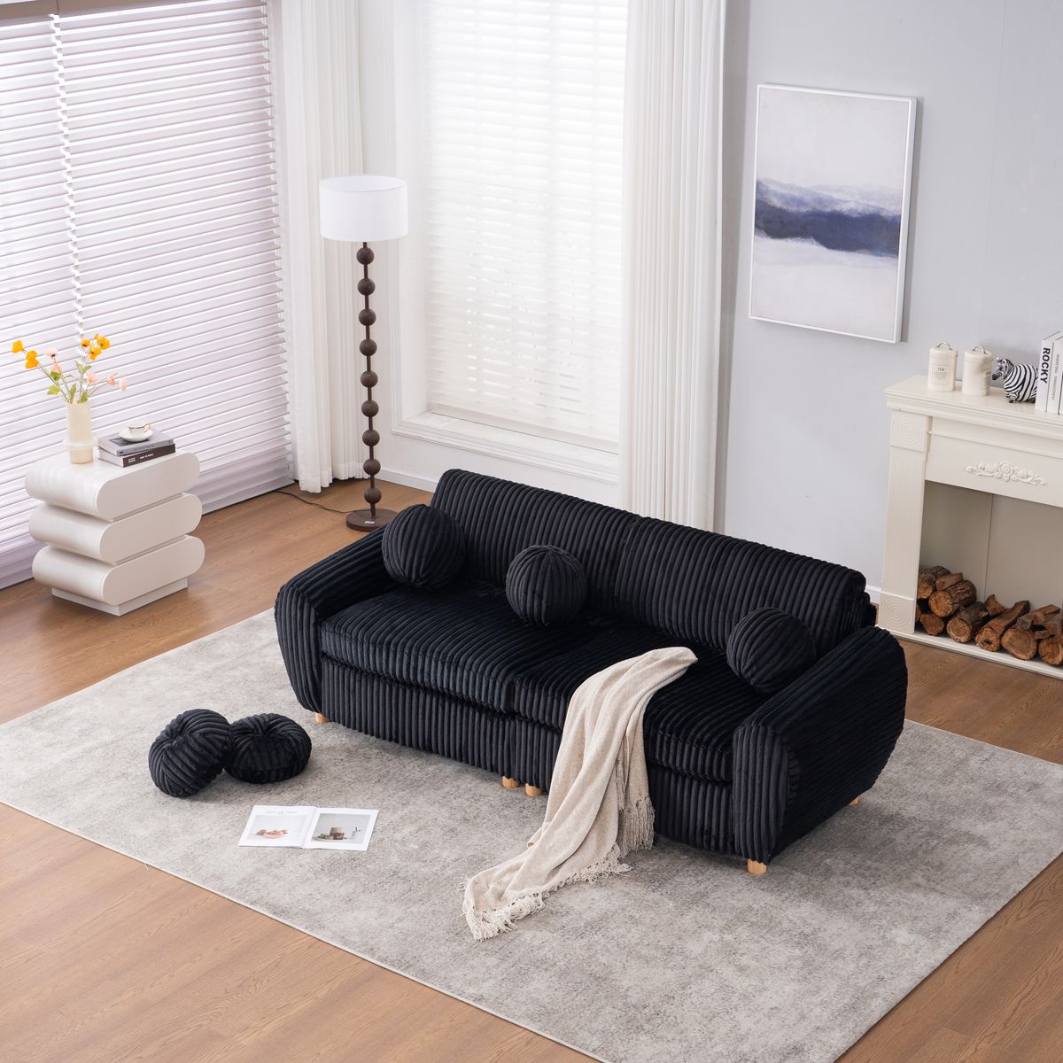 Modern Sofa for Living Room, 84' Black Corduroy Sofa Couch, Sectional Love Seat Couch, Upholstered Sofa for Apatment Bedroom Home Office