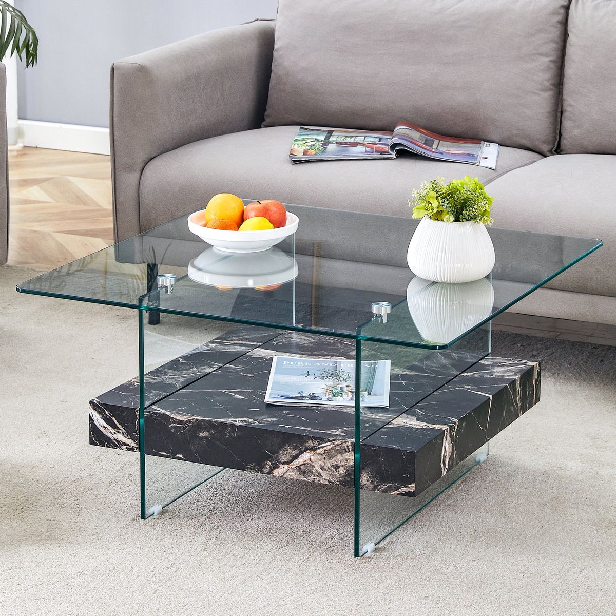31.4 Inch Modern Two-Tier Square Coffee Table - An Elegant Combination of Clear Glass and Black Marble Pattern Sticker.It can be used as a coffee table,a side table or a display stand.