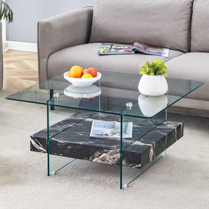 31.4 Inch Modern Two-Tier Square Coffee Table - An Elegant Combination of Clear Glass and Black Marble Pattern Sticker.It can be used as a coffee table,a side table or a display stand.