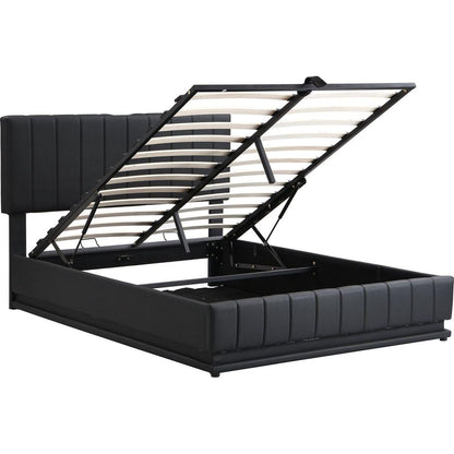 Full Size Upholstered Bed with Hydraulic Storage System and LED Light, Modern Platform Bed with Sockets and USB Ports, Black