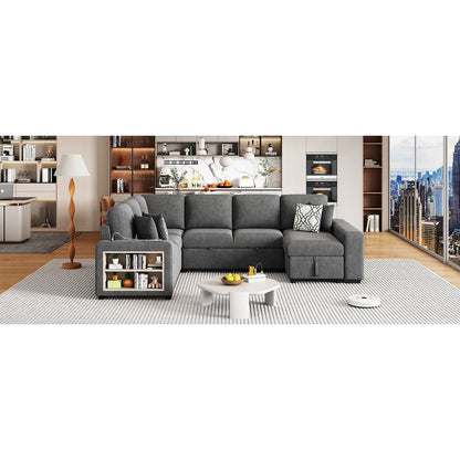 109" U-shaped Sectional Sofa Pull-out Sofa Bed with Two USB Ports, a Storage Chaise Lounge and Four Back Pillows for Living Room, Grey