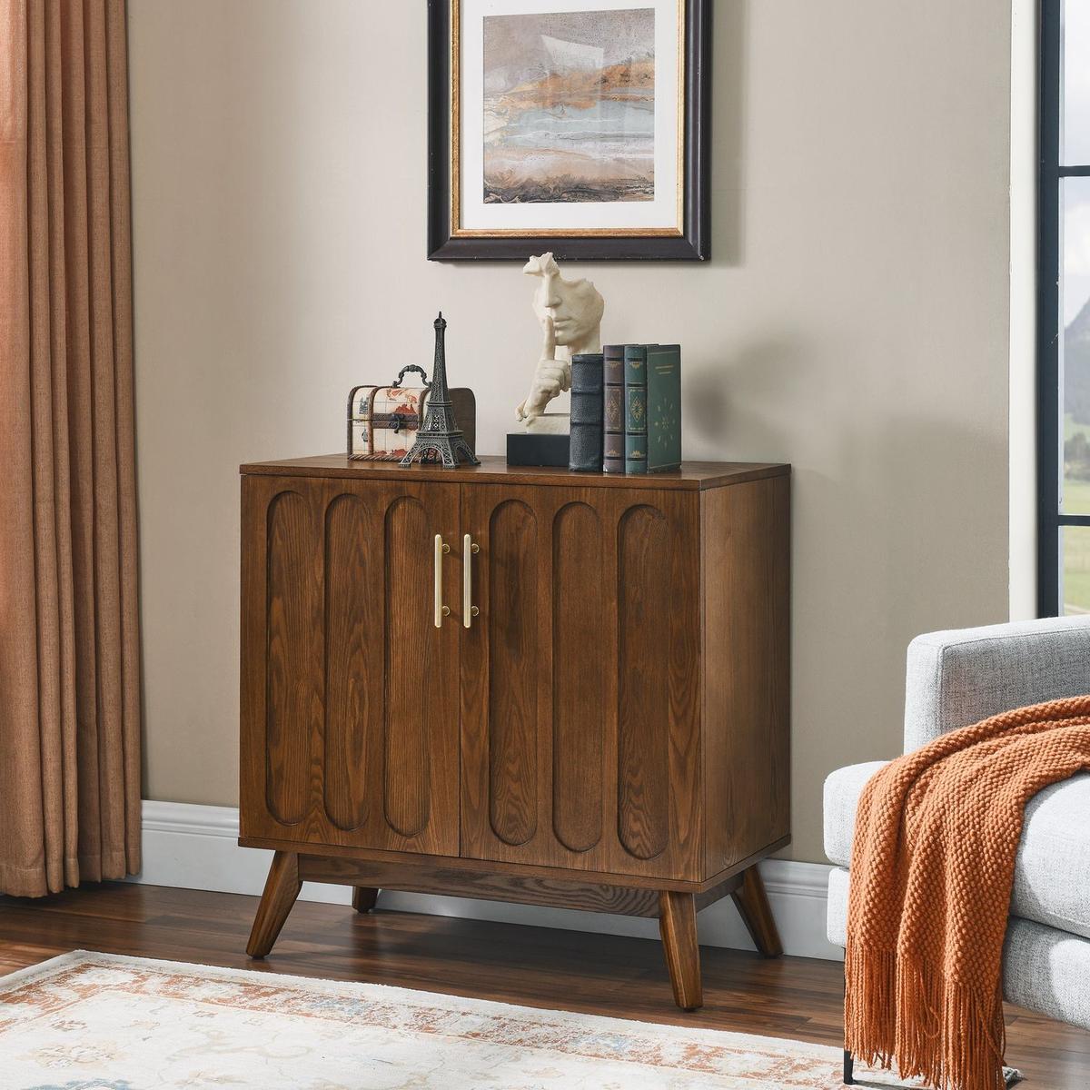 Mid Century Modern Fluted Sideboard Cabinet with Adjustable Shelves & Solid Wood Legs, Buffet Cabinet with Storage, Walnut Storage Cabinet for Living Room, Entryway, Hallway, Dining Room, Kitchen - Streamdale Furniture