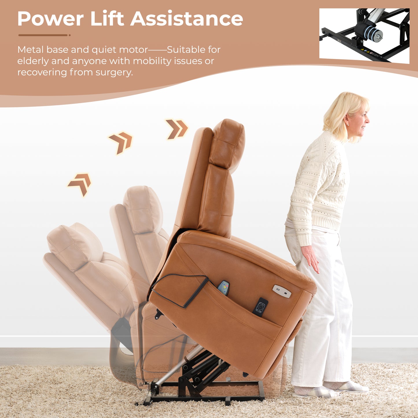 Dual Motor Power Lift Recliner Chair for Elderly, One Touch Reset, Lay Flat Leather Lift Chair with Massage and Heat, USB & Type C Ports, Electric Recliner Chairs for Seniors, Caramel Medium