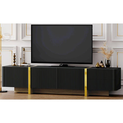 Luxury Fluted TV Stand for TVs Up to 80", Modern Entertainment Center with Storage Cabinets & Drawers, Smooth Media Console with Golden Wood Grain Legs for Living Room, Black