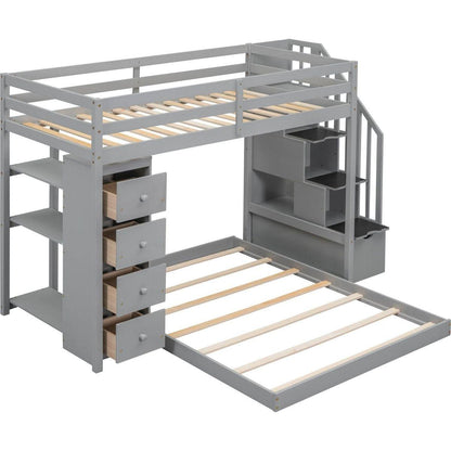 Twin Over Full Bunk Bed with 3-layer Shelves, Drawers and Storage Stairs, Gray