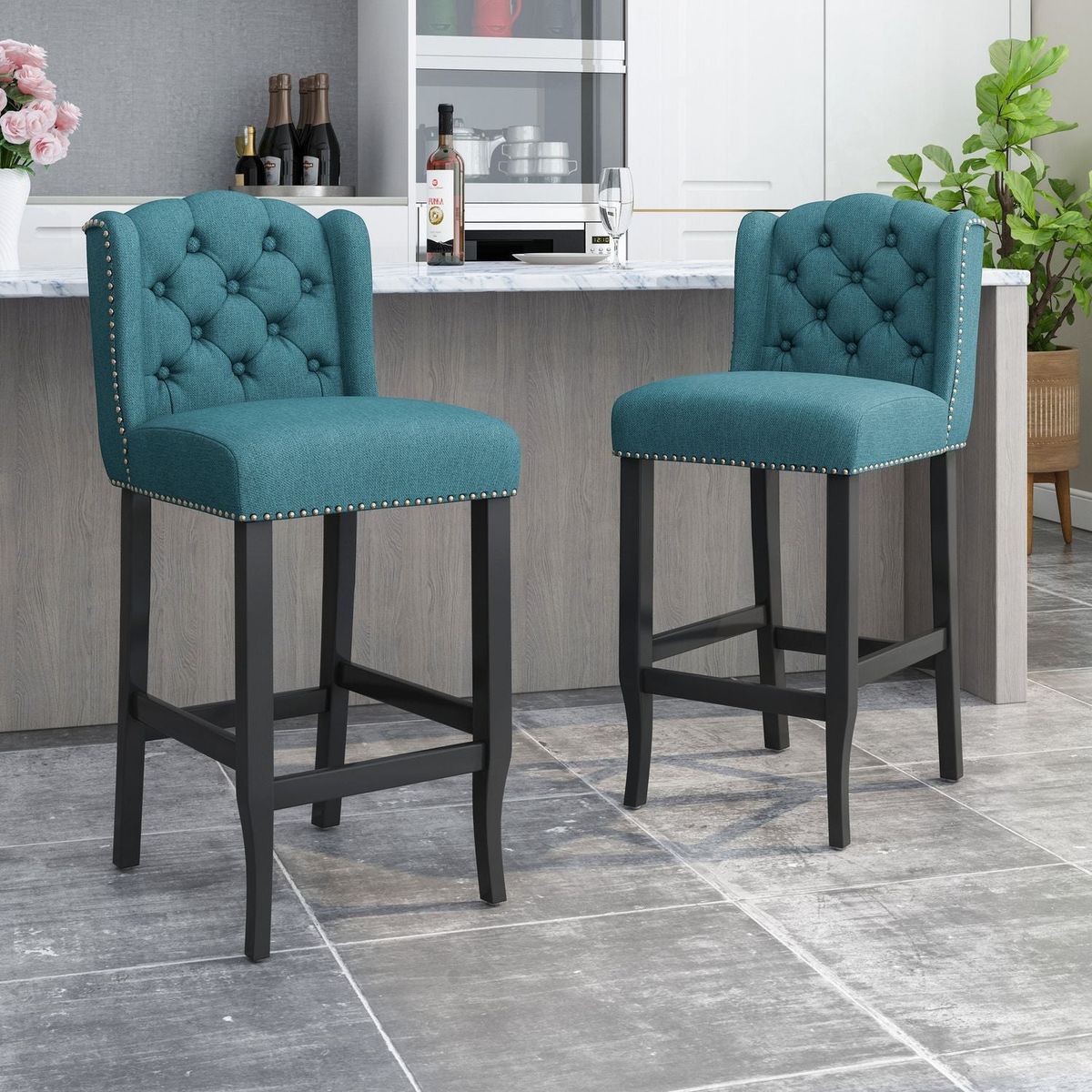 Vienna Contemporary Fabric Tufted Wingback 31 Inch Counter Stools, Set of 2, Teal and Dark Brown