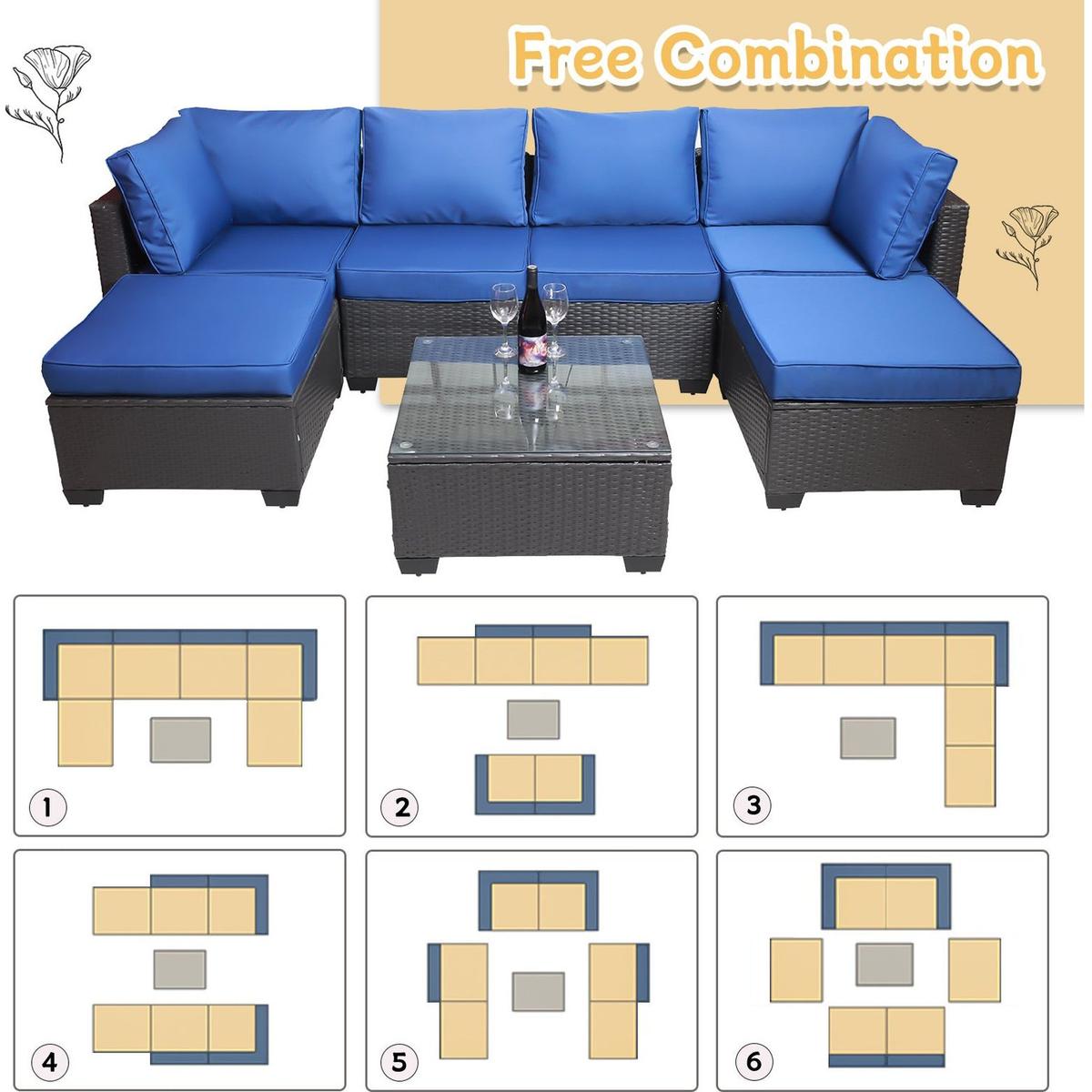 Outdoor Garden Patio Furniture 7-Piece PE Rattan Wicker Cushioned Sofa Sets and Coffee Table, patio furniture set;outdoor couch;outdoor couch patio furniture;outdoor sofa;patio couch