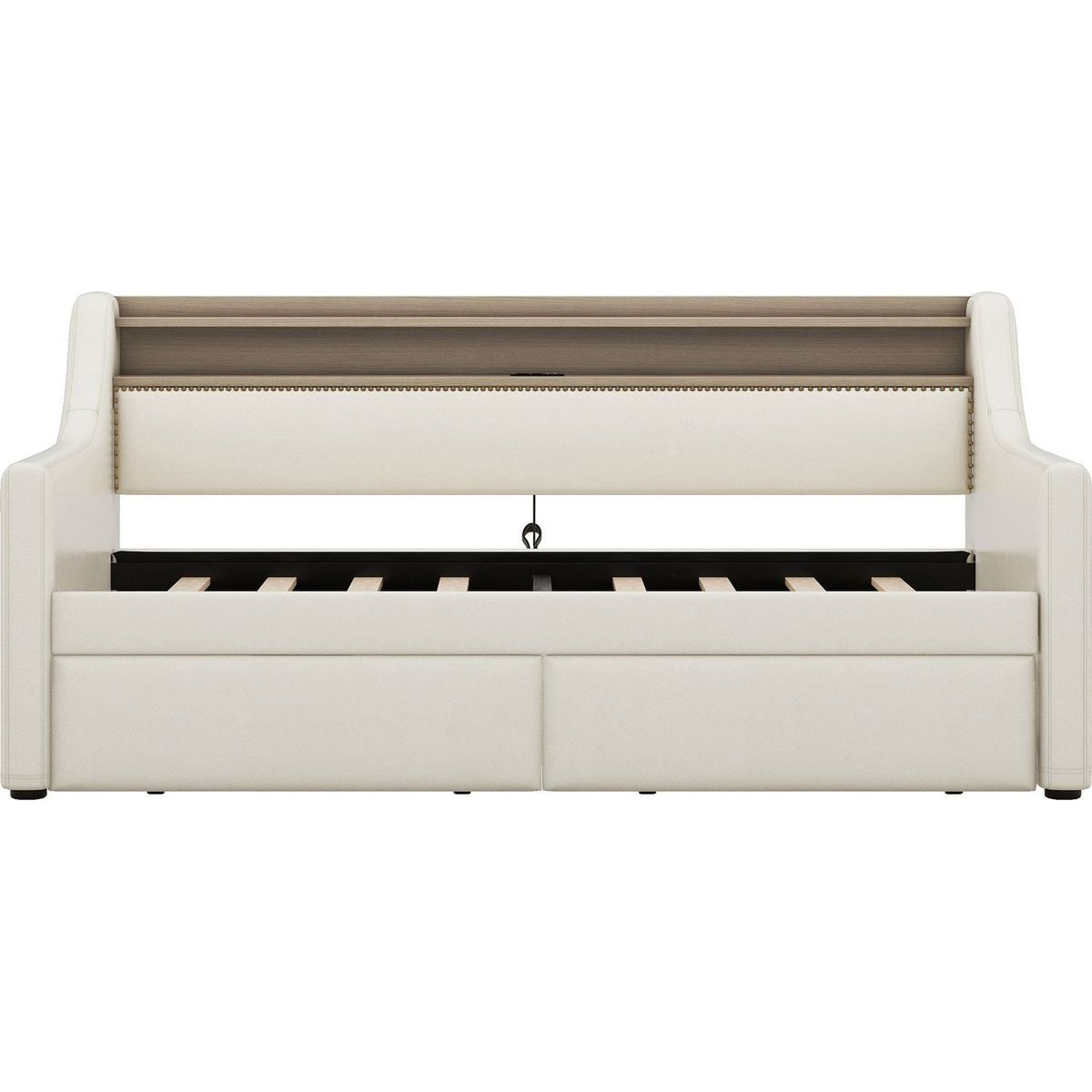 Twin Size Daybed with Storage Drawers, Upholstered Daybed with Charging Station and LED Lights, Beige