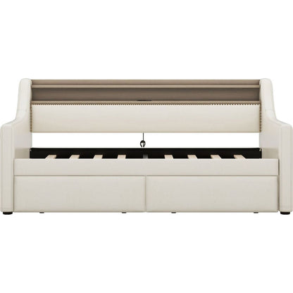 Twin Size Daybed with Storage Drawers, Upholstered Daybed with Charging Station and LED Lights, Beige