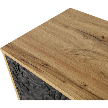Black Carved Symmetrical Design Door And Wood Coloured Frame For TV Stand Table,Living Room, Entryway