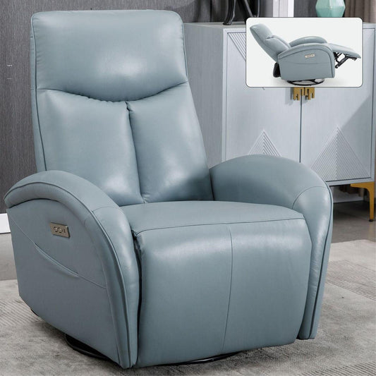 Blue Genuine Leather Swivel and Rocker Power Recliner Chair with Lumbar Support, Max Swivel Degree 270, Heavy Duty Motion Mechanism with USB and Type-C