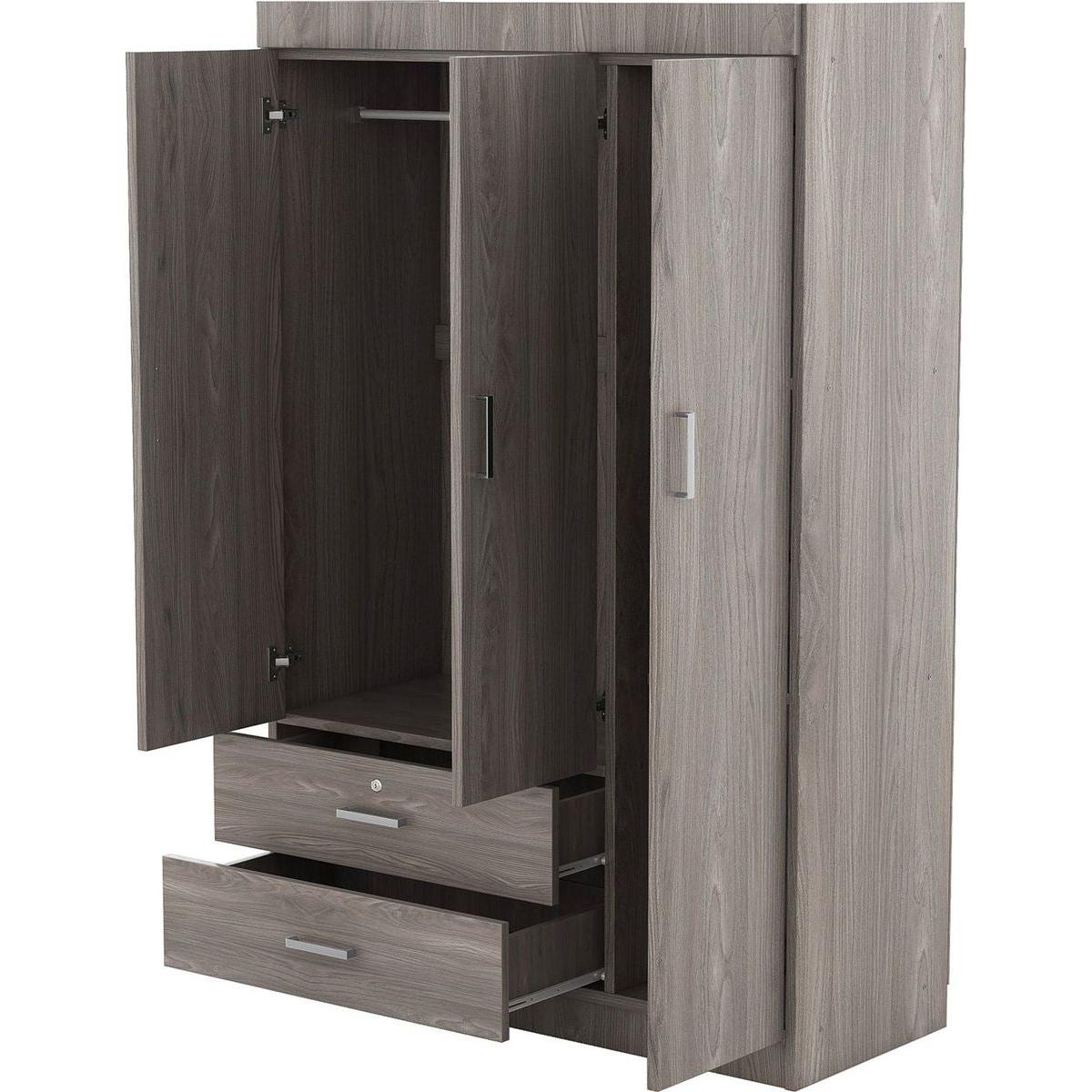 3-Door Wardrobe with 2 Drawers, Wood Grain Effect in Gray