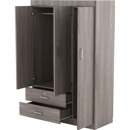 3-Door Wardrobe with 2 Drawers, Wood Grain Effect in Gray