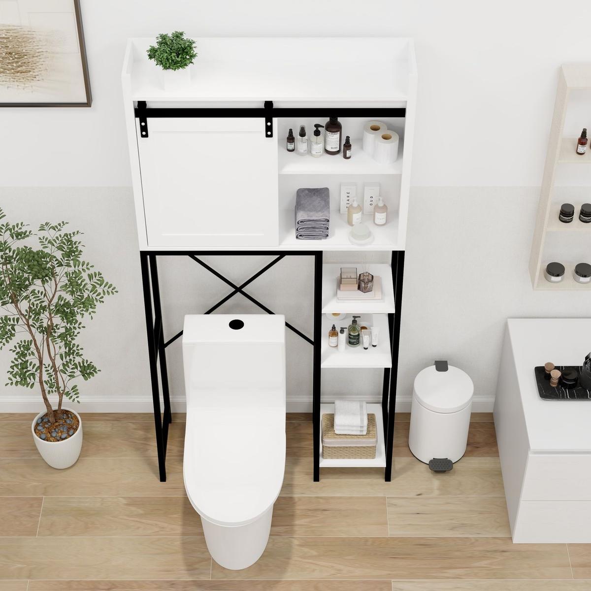 Over The Toilet Storage Cabinet, Bathroom Shelves Over Toilet with Sliding Barn Door,Adjustable Shelves and Side Storage Rack-White