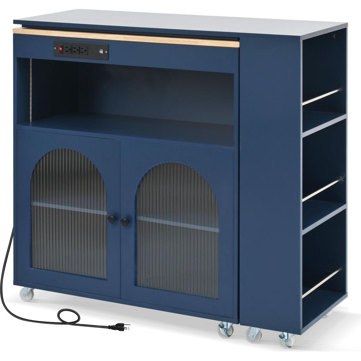 Rolling Kitchen Island With Movable Extended Table, Kitchen Cabinet on Wheels with Power Outlets and 2 Fluted Glass Doors, Kitchen Island with a Storage Compartment and Side 3 Open Shelves, Navy
