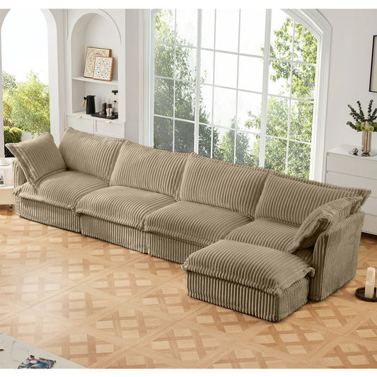 Slipcovered L Shape Sectional Long Sofa Couch, 4 Seater Sofa with Suppleness Armrests,Deep Seat Sofa with 2 Big Pillows, Comfy Couch for Living Room, Apartment, Camel Corduroy Fabric