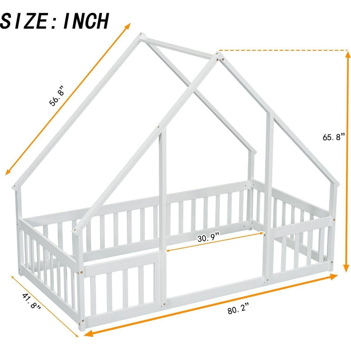 Twin Wood House-Shaped Floor Bed with Fence, Guardrails, White
