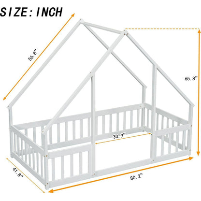 Twin Wood House-Shaped Floor Bed with Fence, Guardrails, White