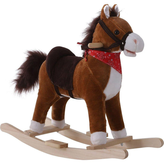 Qaba Kids Ride on Rocking Horse Plush Toy with Realistic Sounds and Red Scarf for Over 3 Years Old Birth Gift