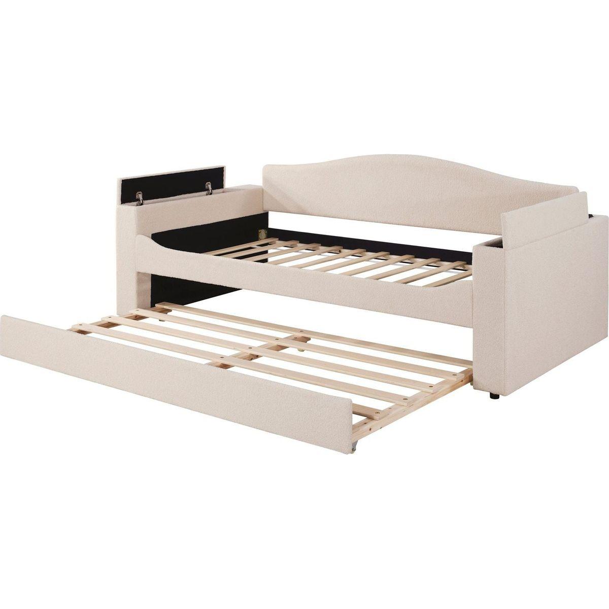 Twin Size Upholstered Daybed with Storage Armrests, Trundle and Latest Integrated Bluetooth Audio System, Teddy Fleece, Beige