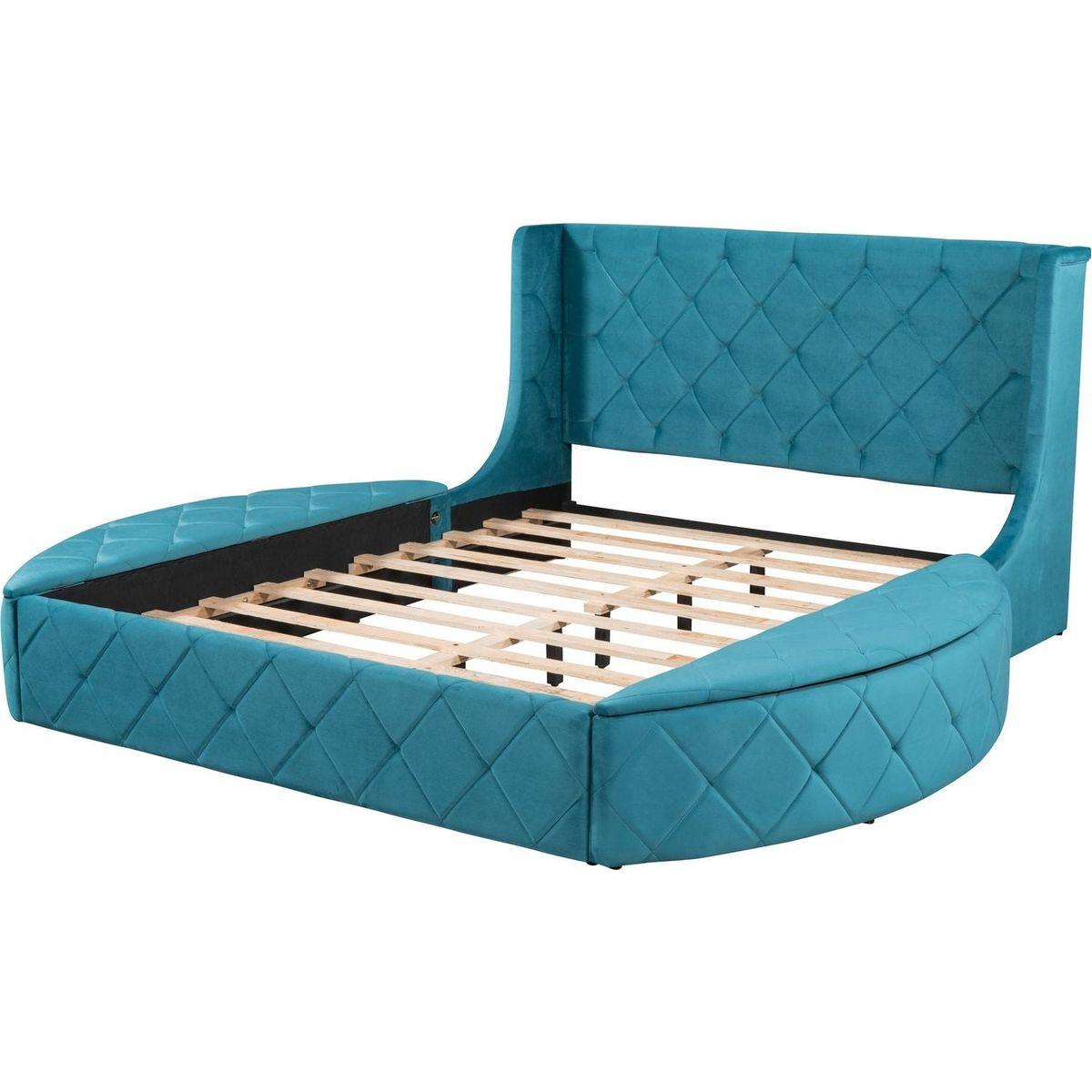 Upholstered Platform Bed Queen Size Storage Velvet Bed with Wingback Headboard and 1 Big Drawer,2 Side Storage Stool(Blue)