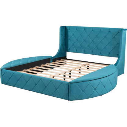 Upholstered Platform Bed Queen Size Storage Velvet Bed with Wingback Headboard and 1 Big Drawer,2 Side Storage Stool(Blue)