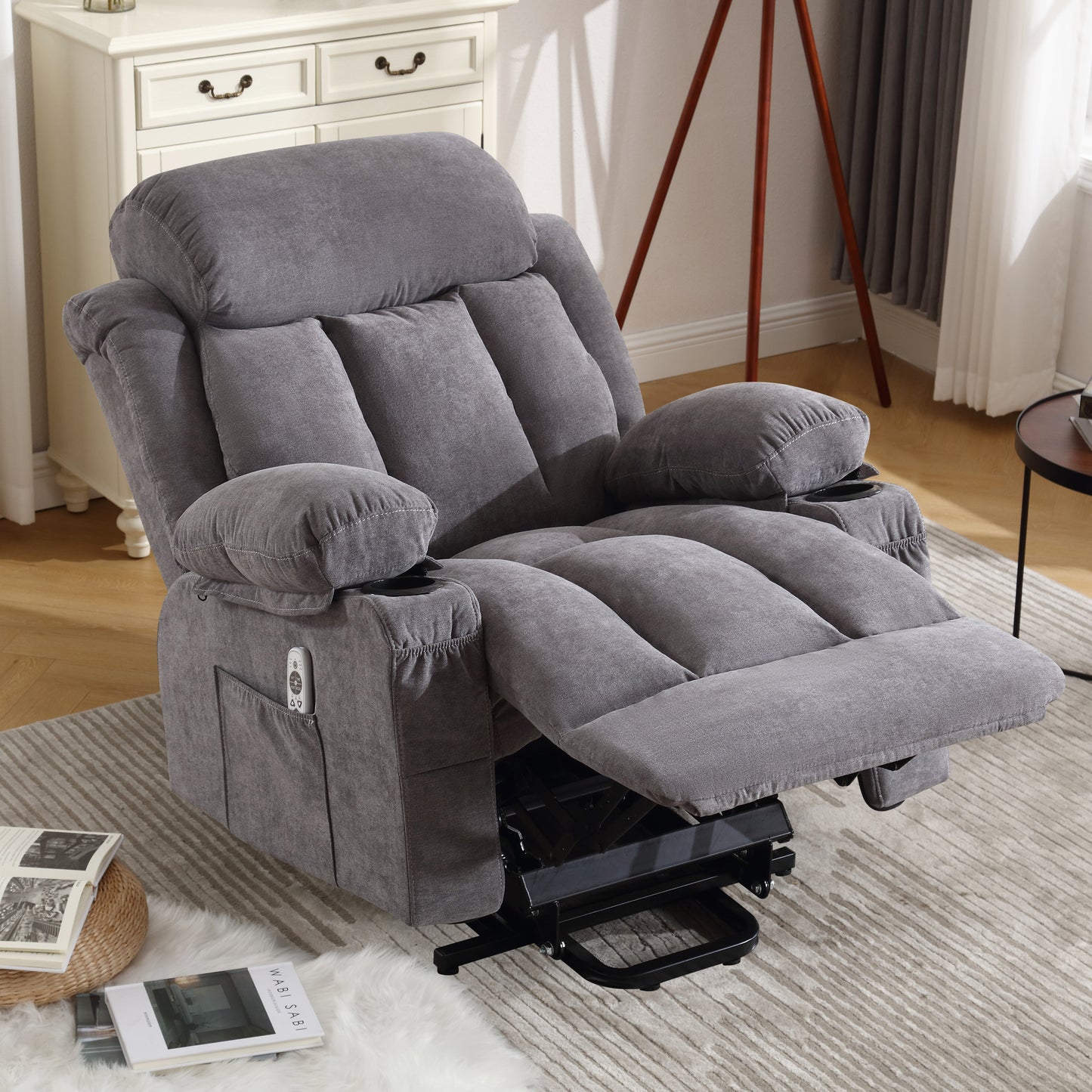 Power Lift Recliner Chair with Heat and Massage Electric Fabric Recliner Chair for Elderly with Side Pocket, USB Charge Port, Remote Control for Living Room (Grey)A+B