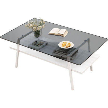 Rectangle Coffee Table, Tempered Glass Tabletop with White Metal Legs, Modern Table for Living Room, Gray Glass