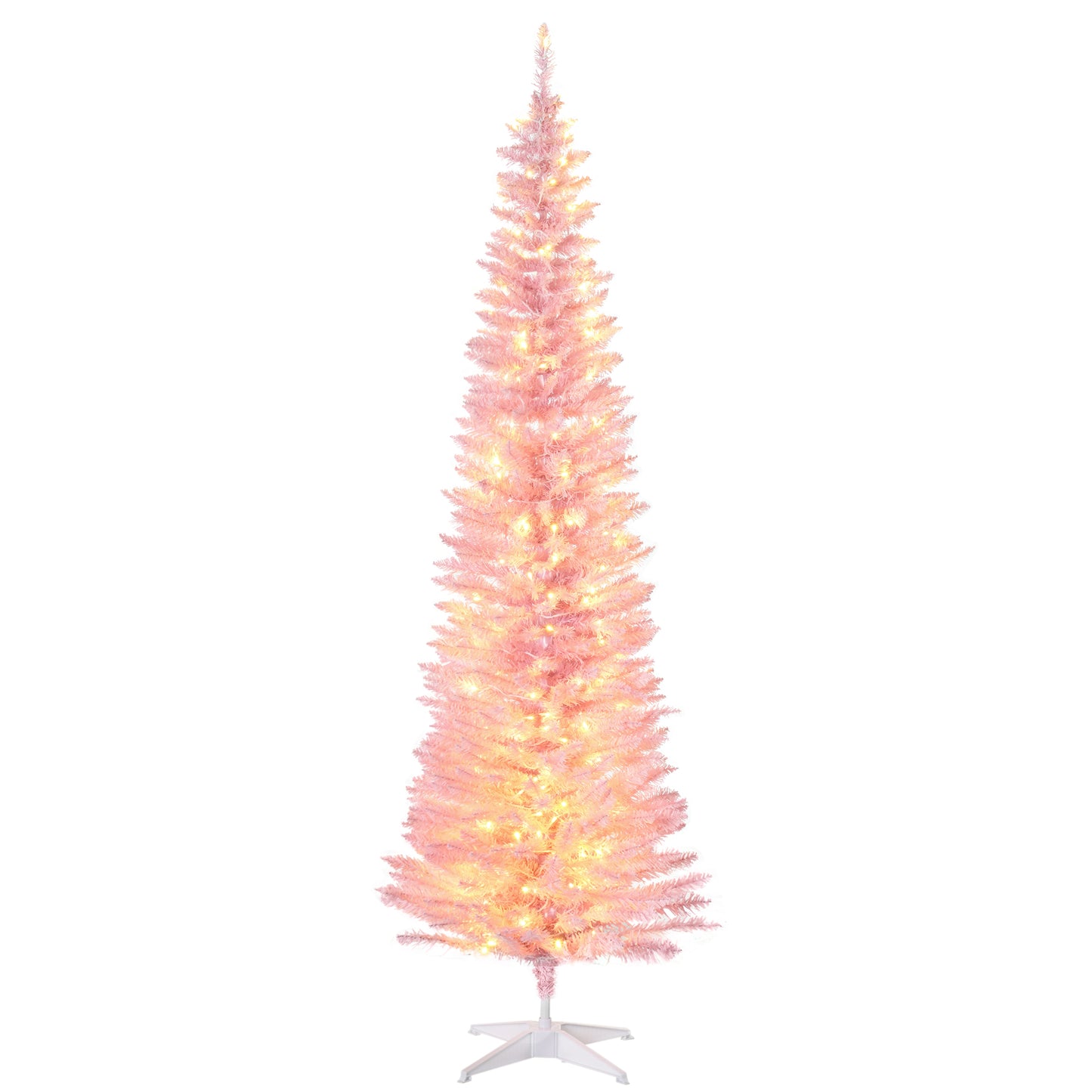 HOMCOM 7' Tall Pre-Lit Slim Noble Fir Artificial Christmas Tree with 200 Warm White LED Lights and 499 Tips, for Christmas Decoration, Pink