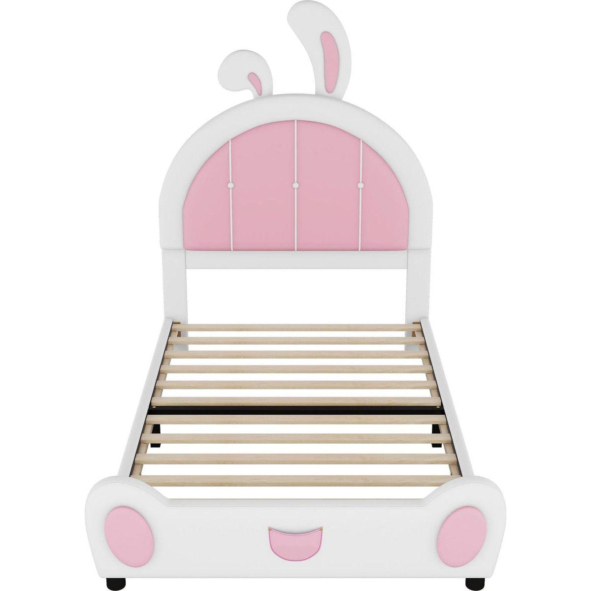 Twin Size Upholstered Platform Bed with Rabbit Shaped Headboard, White