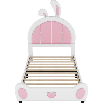 Twin Size Upholstered Platform Bed with Rabbit Shaped Headboard, White