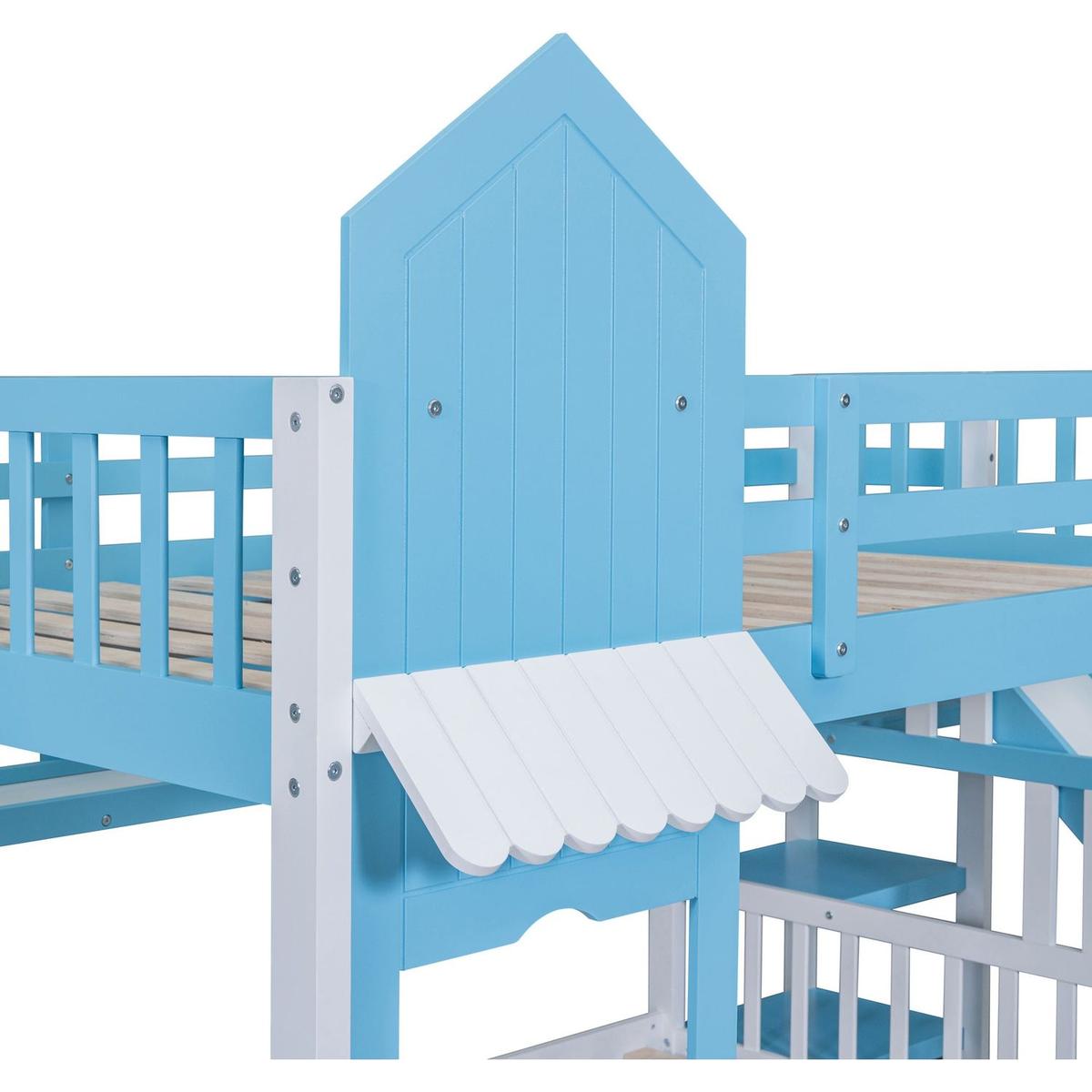Full-Over-Full Castle Style Bunk Bed with 2 Drawers 3 Shelves and Slide - Blue