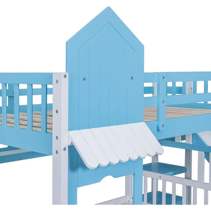 Full-Over-Full Castle Style Bunk Bed with 2 Drawers 3 Shelves and Slide - Blue