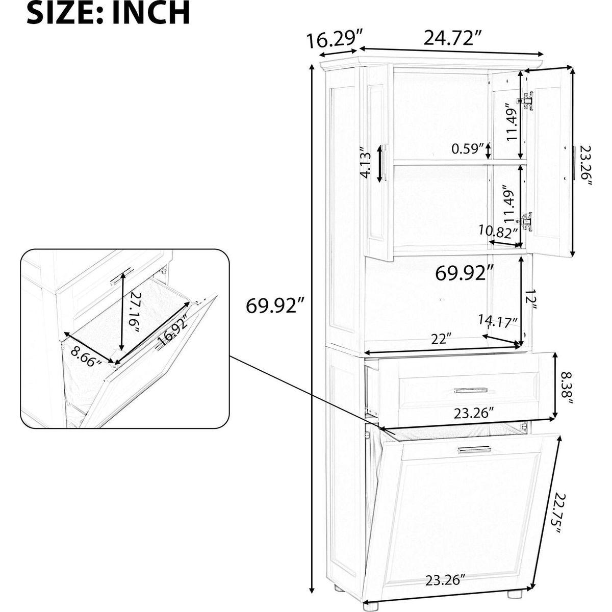 Tall Bathroom Cabinet with Laundry Basket, Large Storage Space Tilt-Out Laundry Hamper and Upper Storage Cabinet, White