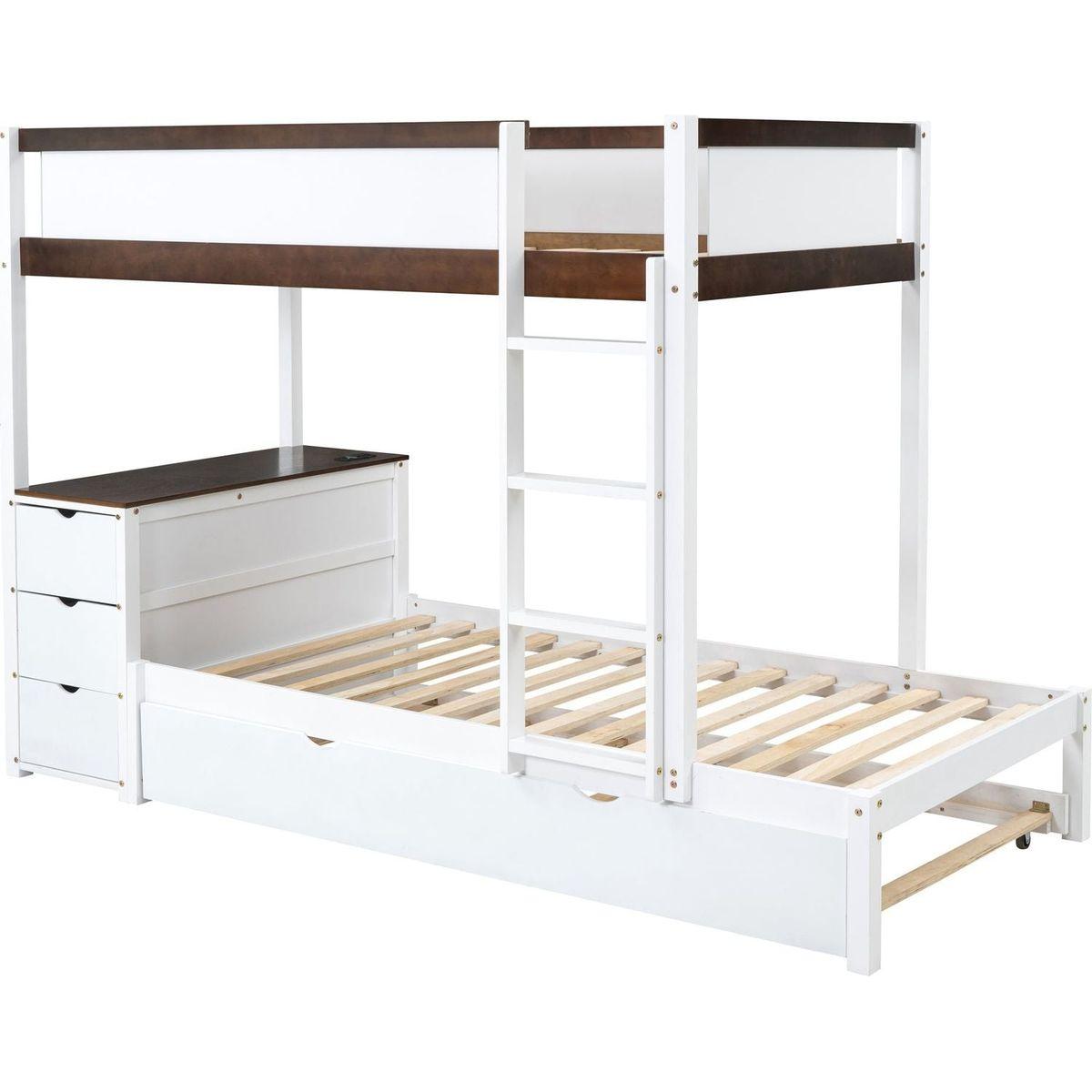 Twin-Over-Twin Bunk Bed with Twin size Trundle, Storage and Desk, White+Walnut