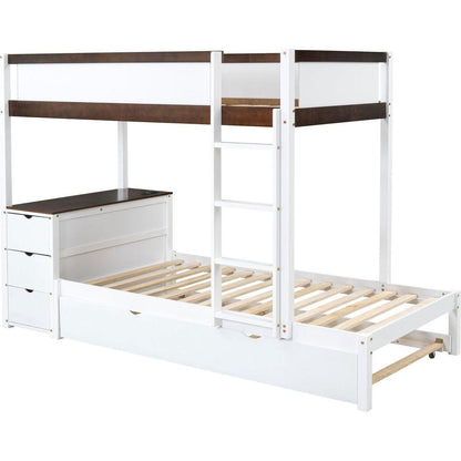 Twin-Over-Twin Bunk Bed with Twin size Trundle, Storage and Desk, White+Walnut