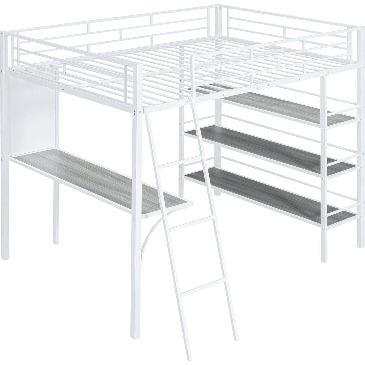Full Size Loft Metal Bed with 3 Layers of Shelves and Desk, Stylish Metal Frame Bed with Whiteboard, White