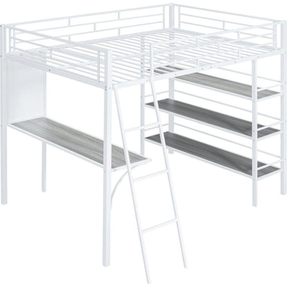 Full Size Loft Metal Bed with 3 Layers of Shelves and Desk, Stylish Metal Frame Bed with Whiteboard, White