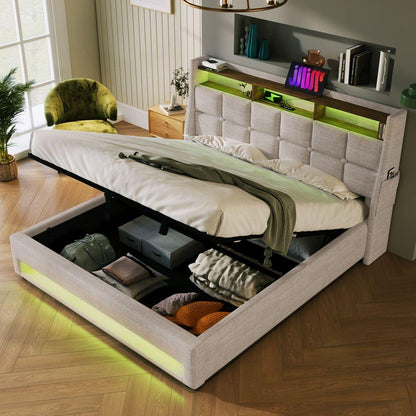 Queen size Upholstered Platform bed with a Hydraulic Storage System, LED and USB Charging, Natural (without mattress)