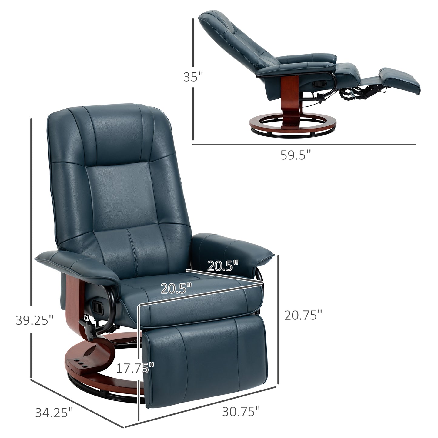 Faux Leather Manual Recliner with Swivel Wood Base, Blue