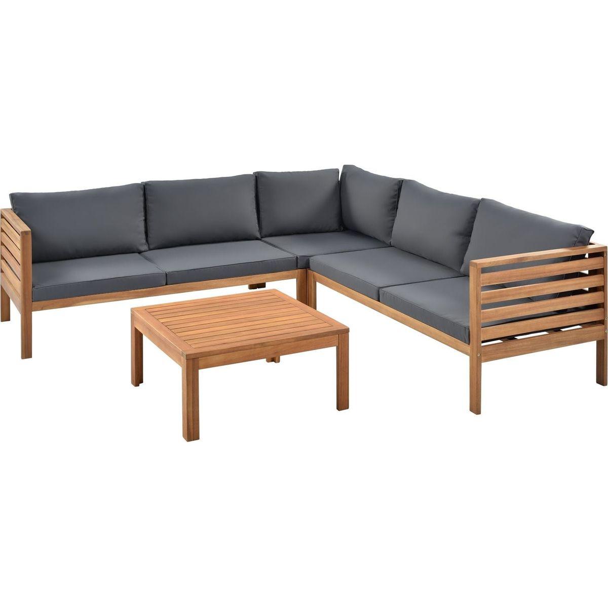 Wood Structure Outdoor Sofa Set with gray Cushions Exotic design Water-resistant and UV Protected texture High quality acacia wood Strong Metal Accessories