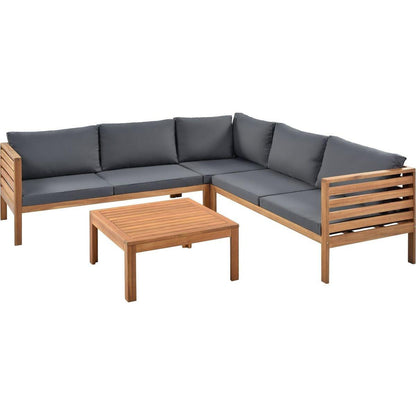 Wood Structure Outdoor Sofa Set with gray Cushions Exotic design Water-resistant and UV Protected texture High quality acacia wood Strong Metal Accessories