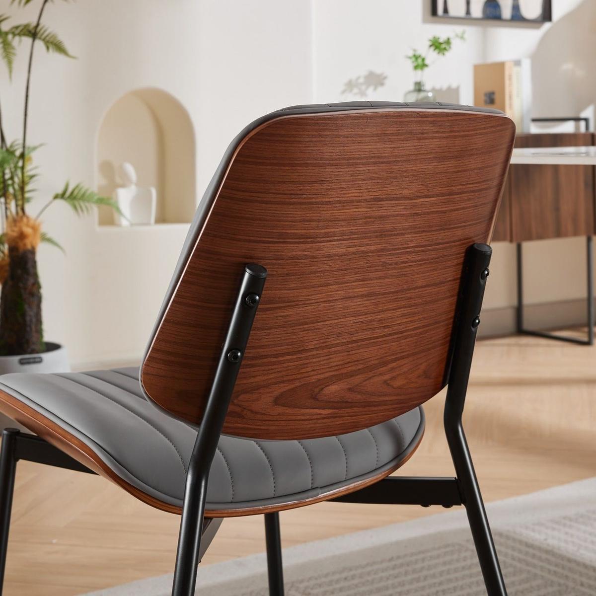 Dining Chairs Set of 2 Mid Century Modern Retro Faux Leather Chair with Walnut Bentwood Back Upholstered Seat Metal Legs Adjustable Foot for Kitchen Dining Room Chairs(Gray PU)